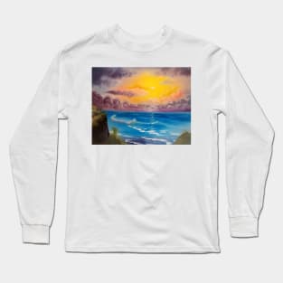 Beach Cove, Beach scape, beautiful beach, colorful beach, beach prints, cloudy sky, colorful sky, coastal decor Long Sleeve T-Shirt